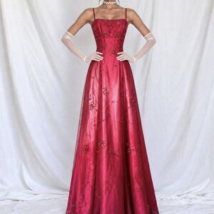 Vintage Y2K 90s Pink Floral Beaded Ombre Satin Mesh Maxi Prom Dress Size XS/S